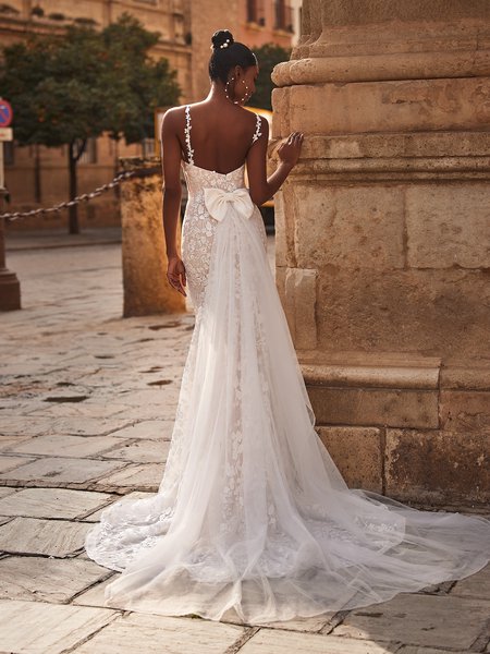 Style ISABEL Open Back Embroidered Lace Fabric Mermaid with Detachable Crepe and Tulle Bow Train Style ISABEL Open Back Embroidered Lace Fabric Mermaid with Detachable Crepe and Tulle Bow Train