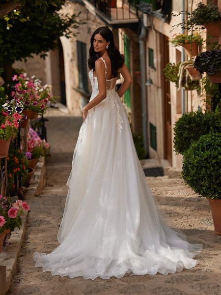 Back view of bride in wedding dress with lace decorated chapel trail and illusion scoop back. Back view of bride in wedding dress with lace decorated chapel trail and illusion scoop back.