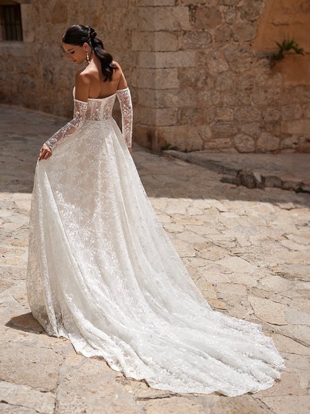 Back view of bride wearing strapless all over sparkly lace wedding dress with sleeves