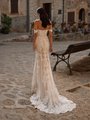 Sweep train with rustic lace hem wedding dress with open back and buttons along zipper